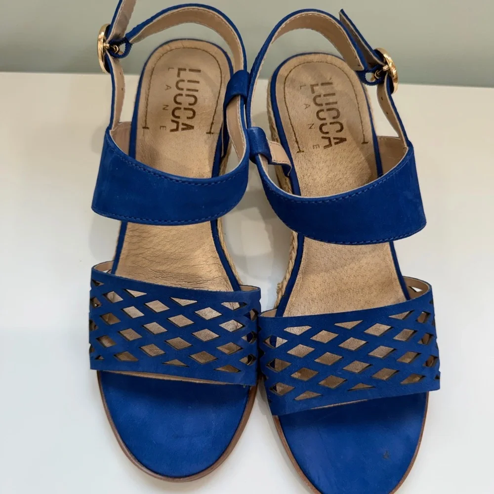 Lucca‎ Lane Blue Wedge Sandals 8M Espadrille Heel Ankle Strap Boho Coastal Shoes
